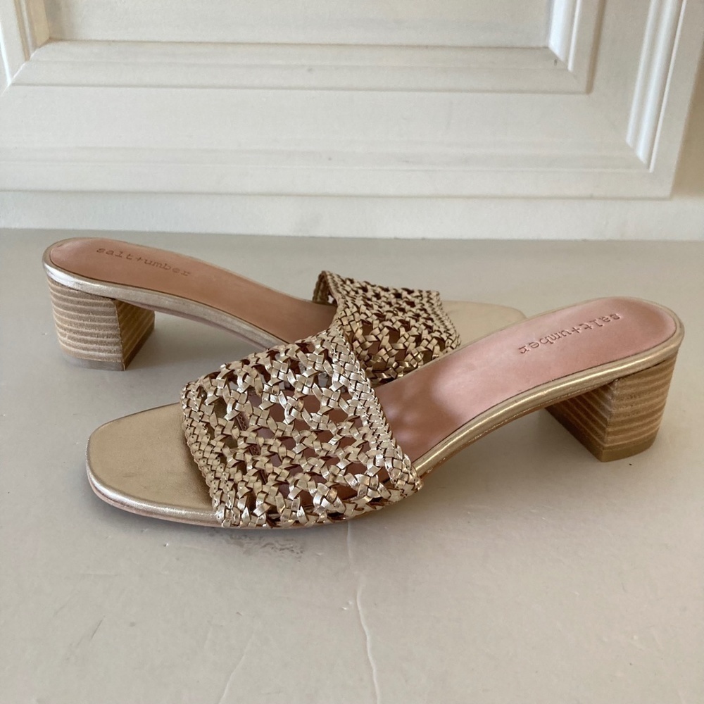 NWOT Salt + Umber Anthropologie Tripoli Gold Leather Woven Heels